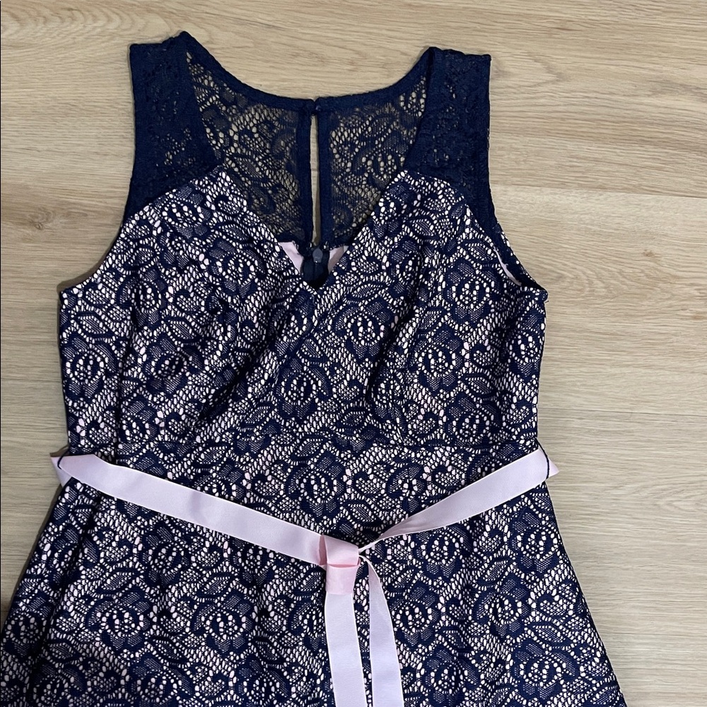 Motherhood Navy and Pink Lace Midi Dress - Picture 3 of 6